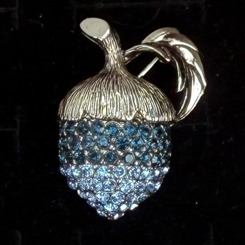 Silvertone and Blue Acorn Brooch Pin